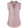 Moyabo Womens V Neck Zip Up Tank Tops Cuffed Sleeve Casual Blouse Chiffon Sleeveless Shirts with Pockets,Pink,XL