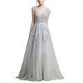 IMEKIS Elegant Lace Ball Gowns for Women Double V-Neck A Line Tulle Applique Bridesmaid Wedding Prom Gown Formal Cocktail Evening Party Dress Long Grey UK 12