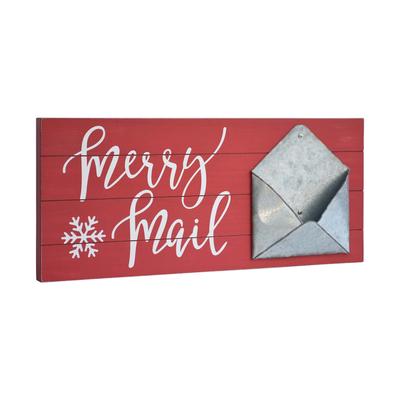 Wood and Metal Christmas Card Holder，Merry Mail,Red