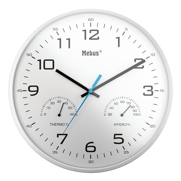 Mebus Quarz-Wanduhr mit Thermometer und Hygrometer 16181 Ø 30 cm weiß weiß Image