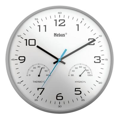 Mebus Quarz-Wanduhr mit Thermometer und Hygrometer 16182 Ø 30 cm grau grau