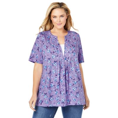 Plus Size Women's 7-Day Layer-Look Elbow-Sleeve Tee by Woman Within in Soft Iris Ditsy Bouquet (Size 26/28) Shirt