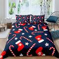 Navy Blue Christmas Duvet Cover Double Bedding Set 3D Candy Canes Christmas Stocking Stars Print Winter Holiday Microfiber Quilt Cover for Kids Boys Girls Bed Cover Sets,King