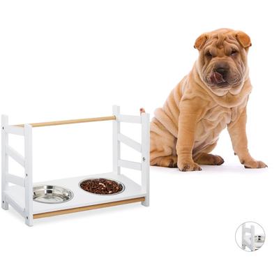 Futterstation für Hunde, 2x 1000 ml Edelstahl-Napf, höhenverstellbar, Napferhöhung, 39 cm, Bambus,