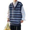 Retro Striped Sweater Vests Men Jumpers Male Autumn Hipster Knitwear V-Neck Blue 2XL