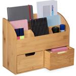 Organiseur de bureau, 6 compartiments, 2 tiroirs, fournitures, bambou, rangement, 26 x 33 x 13,5