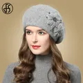 Bonnet en fourrure de lapin pour femme double couche béret casquettes de neige élastique fleur