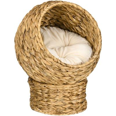 Rattan Katzenkorb Katzenhöhle Katzenhütte Katzenbett mit Kissen Haustierbett Wasserhyazinthe Braun Image