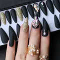 Ensemble complet de faux ongles noirs Stiletto paillettes dorées en cristal presse sur les ongles