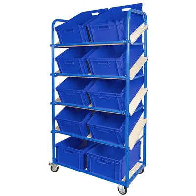 BRB Schrägboden-Regalwagen mit 5 Ebenen, mit 10 Euroboxen 600x400x220 mm blau Image