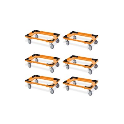 6 Transportroller für 600x400 mm Drehstapelbehälter, offen, gr. Gummiräder, orange