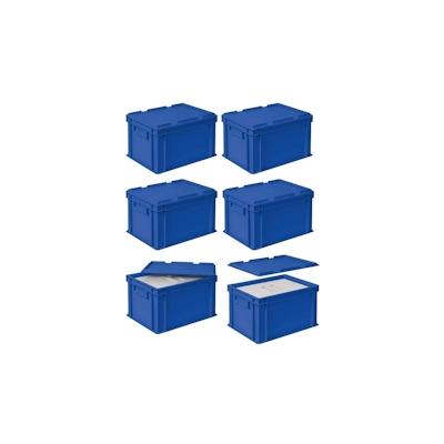 Set, 6x EPS Thermobox 10,4 Liter in Eurobox 400x300 mm blau mit Auflagedeckel