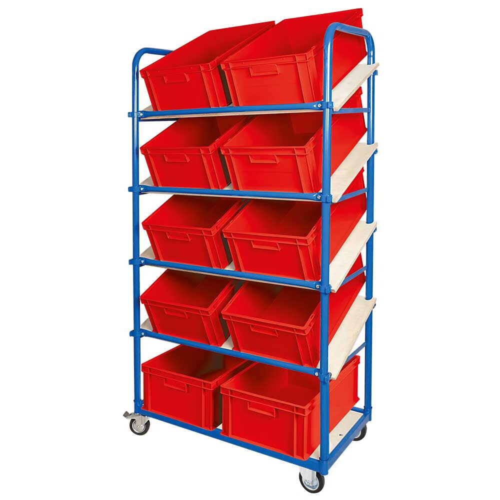 BRB Schrägboden-Regalwagen mit 5 Ebenen, mit 10 Euroboxen 600x400x220 mm rot Image