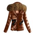Womens Coats QUINTRA Ladies Autumn Winter Faux Fur Hood Down Coat Lady Thicken Puffer Slim Zipper Jacket Parka Large Faux Fur Collar Down Jacket with A Belt Outdoor Overcoat Brown