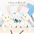 Welcome to The World 11 Piece Twin Baby Boys Hamper Gift Box New Baby Essential, Socks, Toy, Plaque, Blankets, Muslins, Baby Moment Cards Baby Shower Present Mum to Be Gift Bo Bunny Blue (Boy)