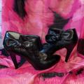 Nine West Shoes | Beautiful Black Leather Heels With Ankle Bow And Peep Toe | Color: Black | Size: 8
