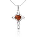 AMBEDORA, Women's Necklace Cross with Amber Heart, Oxidised Sterling Silver, Baltic Amber in Cognac Colour, Silver Pendant with Chain