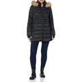 HFX Women's 3/4 Puffer Jacket with Faux Fur Trimmed Hood and Cinched Waist, Water Resistant, Black, XXL