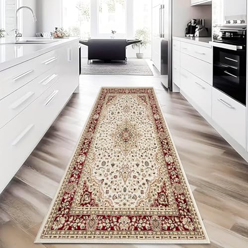B&B Royal Kashan Rug Runner - Non-Slip Washable Doormat, Heavy Duty Welcome Dirt Trapper, Water Absorbent Floor Mat for Indoor/Outdoor Use, Front Entrance and Kitchen (Cream, 80x300 cm)