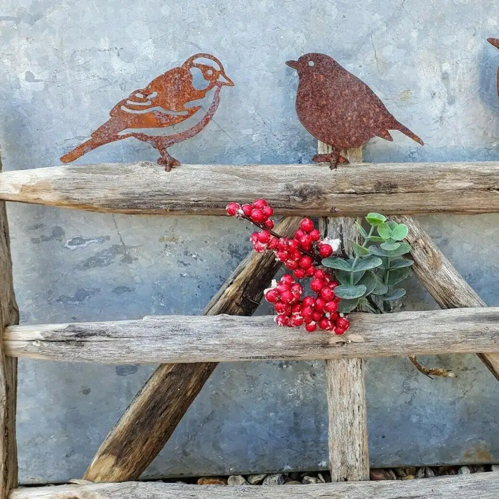 Silhouettes d'oiseaux en métal rouillé, décoration extérieure de jardin, pic Robin en acier, cour de pays, décoration de jardinage artistique pour oiseaux en acier
