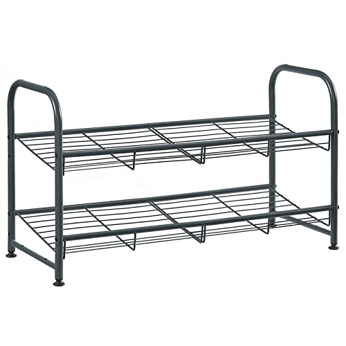 SONGMICS Stackable Shoe Rack, 2-Tier Shoe Storage Organizer, Holds up to 8 Pairs, Steel, 27 x 10.8 x 14.6 Inches, for High Heels, Trainers, Slippers, in the Entryway, Closet, Gray ULMR065G01