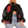 Women's Long Sleeve Baseball Jackets Letter Print Color Block Zip Up Oversized Retro Jacket Hip-hop Uniform Outerwear (B Black 2, S)