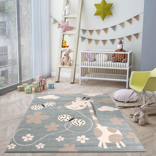 Vimoda - Kinderteppiche Giraffe mit Schmetterling und Blumen Kinderteppich für Mädchen und Jungs