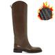 Black Leather Chunky Heels Knee High Boots Round Toe Slip On Long Boots Med Heels Solid Botas Flat Shoes for Women's Boots Dark Khaki Velvet, Shoe Size : 37