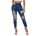 BOIYI Women's High Rise Waisted Distressed Ripped Jeans Fashion Skinny Slim Stretch Skinny Destroyed Denim Jogger Pants(Blue,XL)