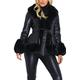 Vagbalena Women's Fashion Faux Rabbit Fur Collar Ruffle Warm Trench Coat Jacket with Belt (Black,XL)