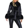 Vagbalena Women's Fashion Faux Rabbit Fur Collar Ruffle Warm Trench Coat Jacket with Belt (Black,M)