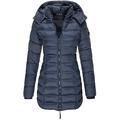 Vagbalena Women's Long Coat with Hooded Winter Jacket Quilted Knee Length Puffer with Stand-up Collar (Navy,L)