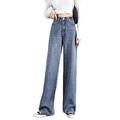 FUNPLUS Denim Trousers for Womens High-Waisted Wide-Leg Pants Loose-Fitting Straight-Leg Street Anti-Fading Durable Jeans Blue