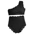 NMQLX Women's Swimsuit High Waisted Scalloped Edge Ruffling Bikini Set One Shoulder Padded Swimwear Bathing Suit Black