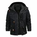 Heypres Detachable Hood in Washed Cotton for Men and mid-Length Jacket in Thick Velor for Fall and Winter Black-4XL