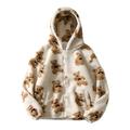 Teddy Fleece Bear Print Jacket with Hood Oversized Cute Fuzzy Sherpa Jacket Zip Up Pocket Hoodies White