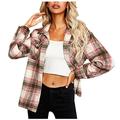 Checked Blouse Women's Checked Shirt Long Sleeve Button Casual Shirt Jacket Lumberjack Shirt Flannel Shirt Blouse Checked Shirt Coat Jacket Autumn Winter, pink, S
