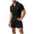 Pants Drawstring Linen Jumpsuit Fashion Waist Short Solid Sleeve Short Men Men's Pants (Black, M)