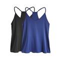 Wantschun Womens Silk Satin Camisole V-Neck Adjustable Spaghetti Strap Racerback Cami Plain Strappy Vest Top T-Shirt Blouse Tank Shirt Racerback - 2-Pack:Black+Navy Blue ; 3X-Large