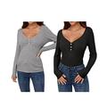 O·Lankeji V Neck Long Sleeve Henley Shirts for Women's,Button Down Slim Fit Pullovers Bottoming Shirt,Stretch Ribbed Knit Tops (Color : Dark Gray+Black, Size : M)