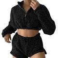 Women's 2 Piece Fuzzy Fleece Outfits Set Zipper Long Sleeve Crop Top Shorts Sweatsuit Sets Pajama Sets (Color : Black, Size : M)
