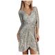 Women's Elegant Sequin Glitter V-Neck Party Dress 3/4 Sleeve A-Line Dress Evening Dress Tie Waist Sexy Wrap Mini Dress (Silver, XL)