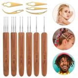 11pcs Dreadlocks Crochet Hooks Set EEEkit 0.5mm 0.75mm Dreadlock Weaving Needle Steel Crochet Hook with Bamboo Handle Interlocking Needles Hair Locking Tool Accessories for Braid Craft