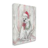 The Holiday Aisle® French Bulldog Santa Claus Hat Festive Christmas Wreath by Debi Coules - Painting Canvas in Gray/Pink/White | Wayfair