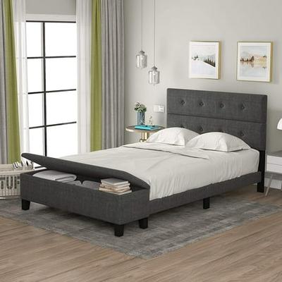 Solid Wood Platform Bed W/Headboard Design Full Size Bed Frame Wood Slat Support 