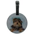 Yorkie Yorkshire Terrier Dog Resting With Blue Hat Round Leather Luggage Card Suitcase Carry-On ID Tag