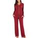 2 Pieces Autumn Women Sleepwear Solid Color Pajamas Set Long Sleeve Top and Long Pant Ladies Pyjamas Suit Red XXL