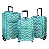 World Traveler 818703-165LT-W 3 Piece Rolling Expandable Spinner Luggage Set - Light Blue & White Chevron