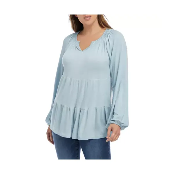 wonderly-womens-blouson-sleeve-notch-neck-tiered-top,-blue,-medium/