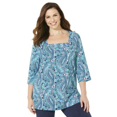 Plus Size Women's Ultra-Soft Square-Neck Tee by Catherines in Navy Watercolor Paisley (Size 3X)